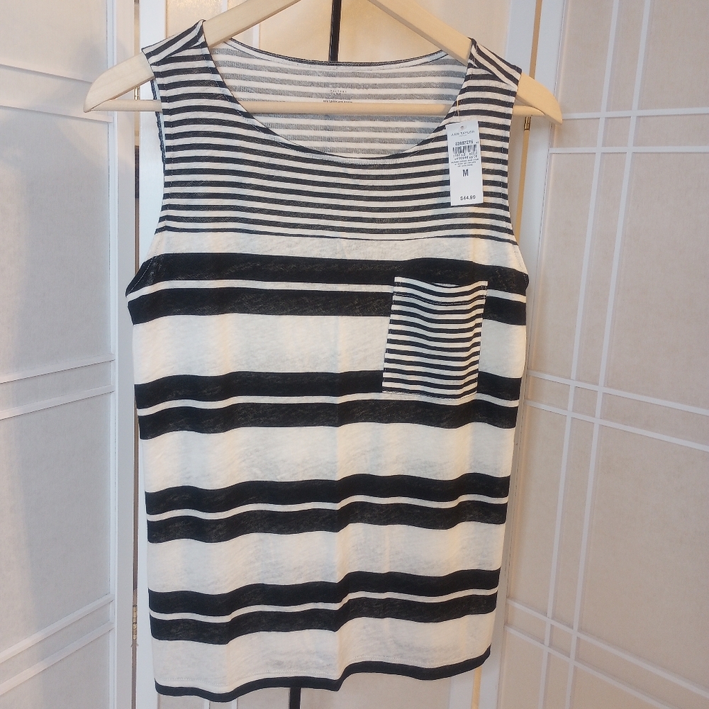 ANN TAYLOR Factory Women's Tank Tunic Front Pocket Stripes Black Grey New Medium